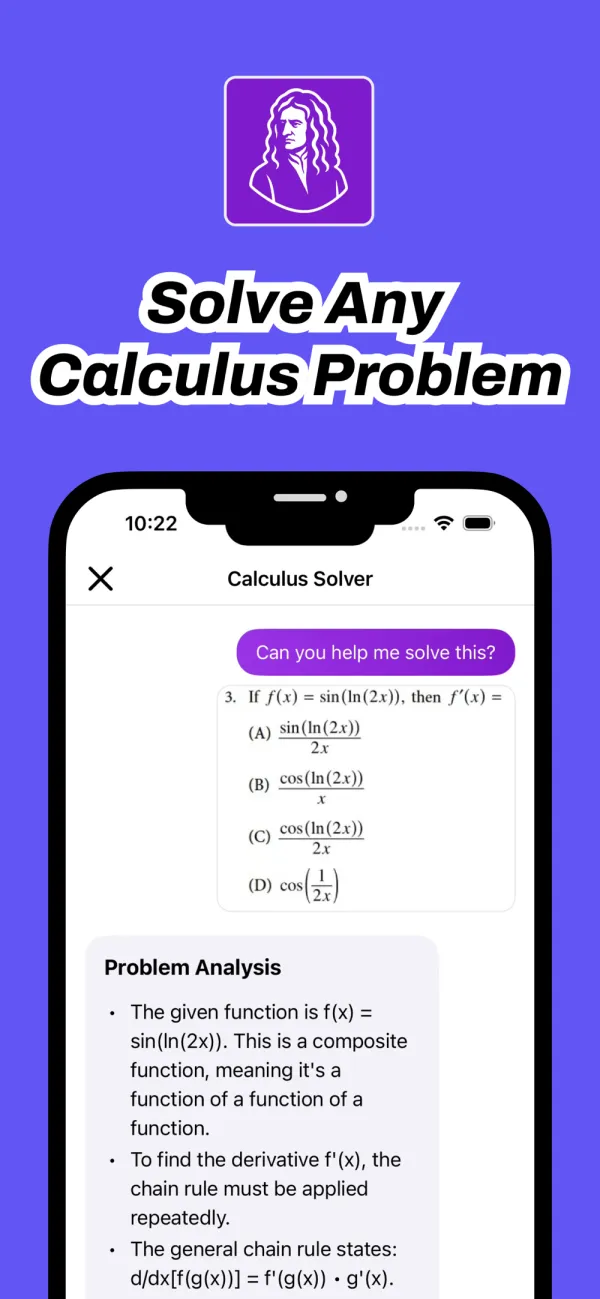 The app solving a scanned chain rule problem and showing a written problem analysis